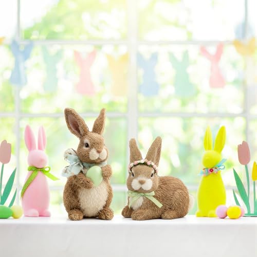 DoubleFill 2 Pcs Easter Bunny Figurine Easter Wooden Bunny Figurines Farmhouse Rabbit Table Decoration for Spring Office Centerpiece Decor Party Supplies - style: Elegant Style