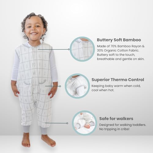 Dreamsuit Walker Toddler Sleep Sack with Feet and Legs, 3T-4T | 70% Rayon Made from Bamboo, 30% Organic Cotton, 0.8 TOG Summer, 2-Way Zipper, Buttery Soft Wearable Blanket, Cactus - color: (1.2 Tog) Alphabet, size: 3-4T