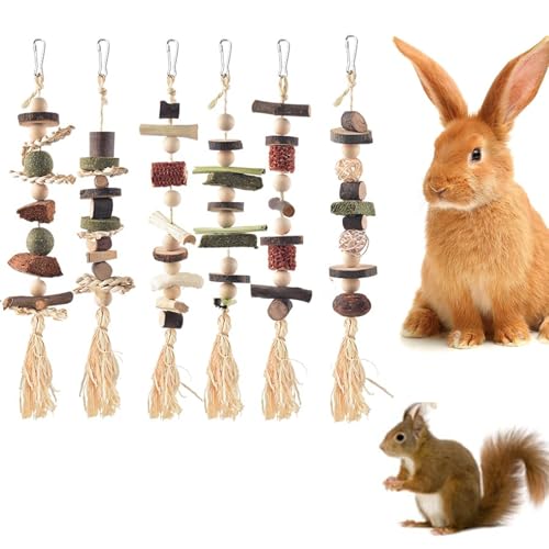 Bunny Chew Toys, Hamster Rabbit Cage Hanging Chew Toys, Natural Apple Wood Bunnies Treats, Improve Small Animal Teeth Health for Guinea Pig Chinchilla Ferret Rats Gerbil (6pcs)