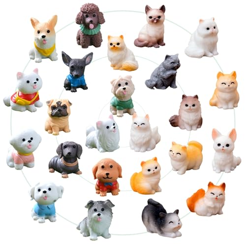 24 Pcs Mini Cat Dog Figurines, Realistic Resin Animal, Miniature Figurines | Hand-Painted Resin Cat & Dog. Ideal For Home Desk Decor, Garden Accents, Birthday Party Favors, Car Decor.