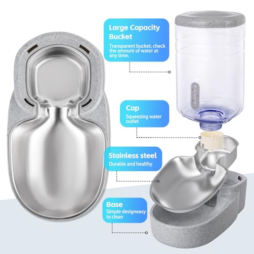Automatic Cat Feeder and Water Dispenser with Stainless Steel Bowl Gravity Food Feeder and Waterer Set for Small Medium Dog Puppy Kitten 1 Gallon x 2(Grey) - color: Stainless Steel-Grey