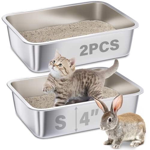 Stainless Steel Litter Box for Kitten,Cat Litter Box Small Cats | 2pcs,Small Cats,Kitty/Rabbits,4" Low Side，Easy to Clean,Metal Litter Box,Metal Pet Toilet/Bath Pan,No Smell - color: 2packs-M-4" H