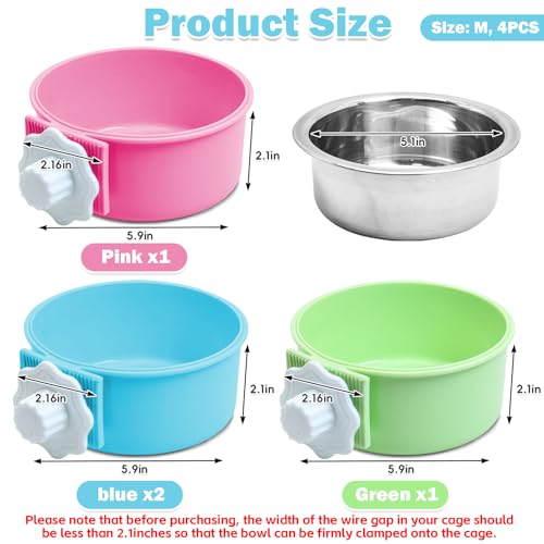 kathson Crate Dog Bowl, Removable Stainless Steel Hanging Pet Cage Bowl Food & Water Feeder Coop Cup for Cat, Puppy, Birds, Rats, Guinea Pigs 4pcs(2×Blue,1×Pink,1×Green) - color: 2×Blue, 1×Pink, 1×Green, size: 4 PCS