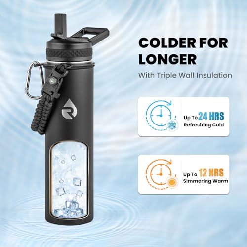 RAYMYLO Insulated Water Bottle 24 oz, Triple Wall Vacuum Stainless Steel | (Cold for 24Hrs, Hot for 12Hrs), Leak Proof & Non-BPA, Modern Water Flask Jug with Paracord Handle & Straw Spout Lids - color: Magic Black, size: 24 Ounces