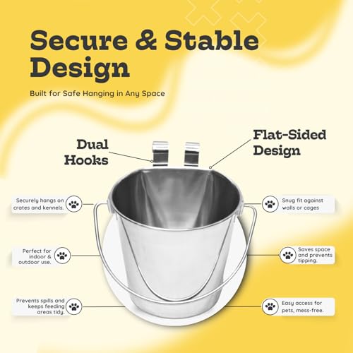 1 Quart Stainless Steel Flat Sided Bucket with Dual Hooks | 2 Pcs Durable Food & Water Bowl for Dog Cats Bird & Small Animals | Fits kennel Cage Crates Hanging Pet Pail | Multipurpose use - size: 1 Quart (Pack of 2)
