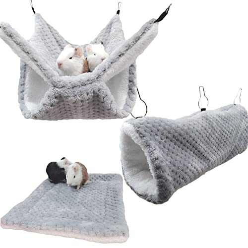 SEIS 3 Pcs Plush Hamster Hammock Set,Sugar Glider Hideout Tunnel Mat,Grey | Hanging Bed Channel, Small Animal Hanging Cage Accessories for Guinea Pig,Chinchilla,Rat,Gerbil,Ferret,Squirre,Birds,Parrot - color: Grey