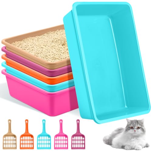 Amyhill 5 Pcs Open Cat Litter Box Kitten Litter Pan with 5 Scooper Medium Plastic Pet Tray Durable Nonstick Kitten Box for Indoor Pets Cats Rabbit Supply Easy to Clean, 14.6x10.6x3.4 Inch(Multicolor) - color: Multicolor