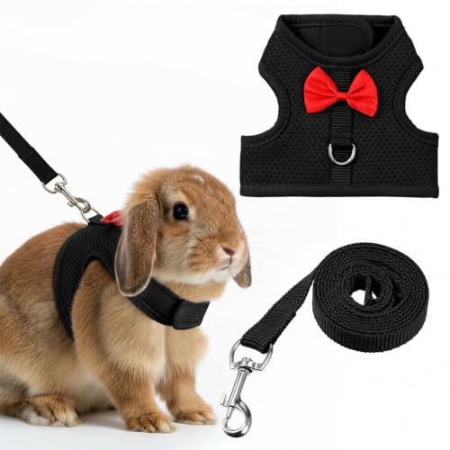 Bunny Harness and Leash Set Cute Bow Rabbit Leash Harness Set Escape Proof | Rabbit Vest Soft Breathable Mesh Walking Gear for Rabbits, Kittens, Ferrets, Guinea Pigs, Black, M