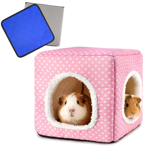 Guinea Pig Hideout with 2 Removable Mat, Two Entrances, Dwarf Rabbit Bed, Washable Bunny House, Small Pet Accessories Pink Dot - color: Pink