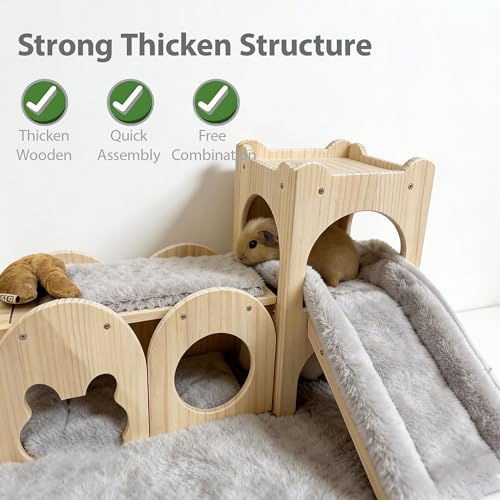 Large Bunny Hideout Wooden Bunny House with Ramp Rabbit Castle(Set of 3) | solid wood guinea pig hideout chinchilla house with detachable panels,rabbit hide with ramp hideaways and climbing areas - style: Set of 3