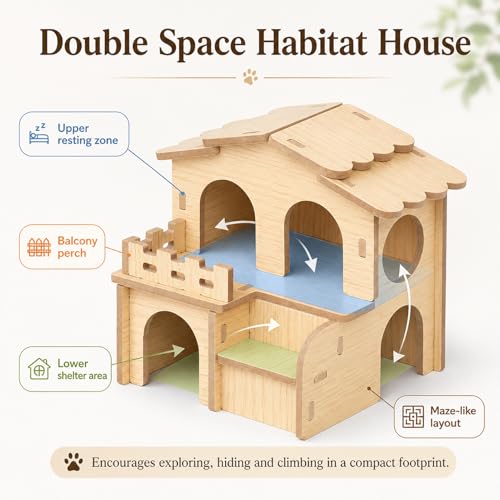 Wooden Hamster House, 2-Story Hideout with Steps and Balcony | Two-level wooden hideout and maze with rooms, steps and balcony for Syrian and dwarf hamsters, gerbils and mice