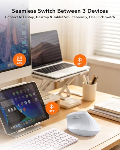 KYSONA Ergonomic Mouse Wireless, Bluetooth Vertical Mouse, 5-Level Adjustable DPI, 2.4G Silent Switch Mice for Windows, MacOS, IPadOS, Laptop, PC, White - color: White
