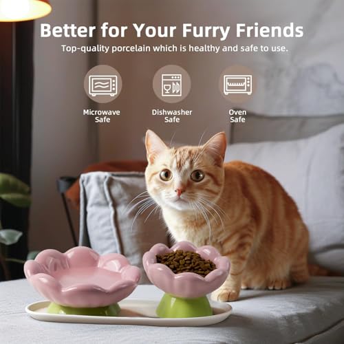 DIF DECO Ceramic Raised Cat Bowl, Pink Elevated Food Bowls for Food and Water Protecting Spine and Whiskelfriendly,Tulip Shape Cute Pet Feeder Dish for Indoor Cats and Small Doas(Height 4.1 inch) - size: Height 4.1 inch
