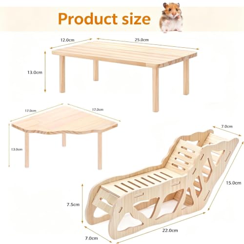 3-Piece Hamster Wooden Platform Play Set with Ladder Tunnel, Natural Wood Hamster Cage Accessories, Small Animal Climbing Stand Hideout for Dwarf Syrian Hamsters Gerbils Mice Rats