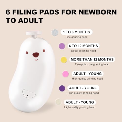 Baby Nail File Electric, Gentle Rechargeable Nail Trimmer, Baby Nail Clippers Grooming Kit Manicure Set for Infant Toddler or Adults, 6 Grinding Head Replacement Pads White - color: White
