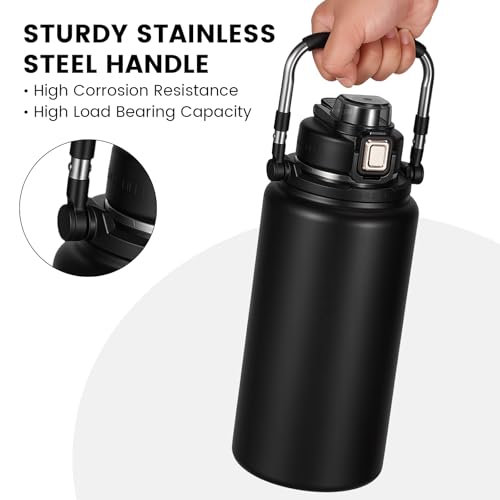 85oz Insulated Water Bottle 2-in-1 Lid,Black | Stainless Steel, Leak-Proof, 24H Cold & 12H Hot, Handle, for Gym, Camping, Hiking.