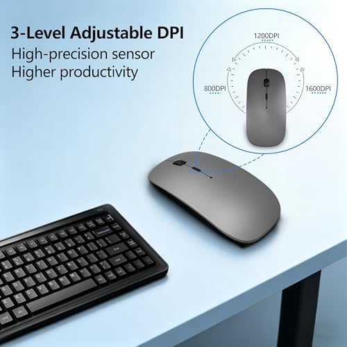 Slim Bluetooth Wireless Mouse with Jiggler - Gray | Rechargeable Portable Mouse, BT5.2 & 2.4G, USB-C/USB-A Receiver, Adjustable DPI for MacBook, iPad, Laptop & PC - color: Gray