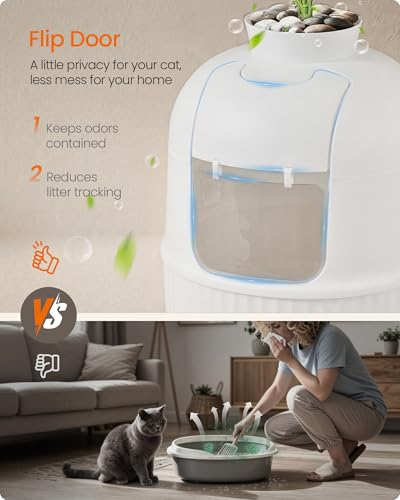 Feandrea Plant Cat Litter Box Enclosure with Artificial Plant, Enclosed Hidden Litter Box Furniture with Door, Carbon Filter, Odor Control, Pebbles, Scoop, Brush, Cloud White UPPT006W101 - color: Cloud White