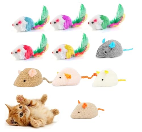 10PCS Cat Mice Toys,Interactive Mouse Cat with Feather,Catnip Toys for Indoor Cats,Kitten Chasing Hunting Exercising and Playing