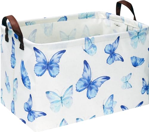 NTAOHAMPER Rectangular Blue Butterfly Storage Basket,baptism basket for favors,Collapsible Gift Basket with Handles,Kids Toys/Books Box(Blue Butterfly) - color: Blue Butterfly
