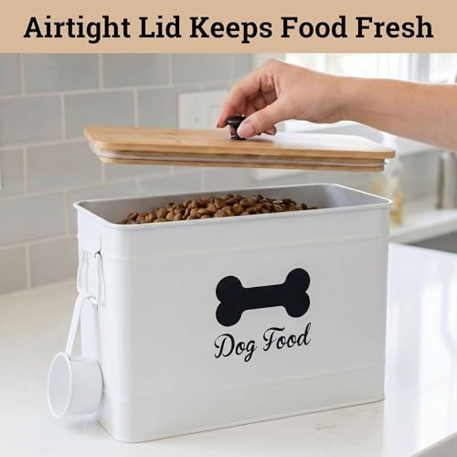 Metal Dog Food Container 15-20 lbs w/ Airtight Bamboo Lid, 70 Cup Capacity | Pet Jar For Dogs up to 100lbs, Airtight Bamboo Lid, Sturdy Comfortable Metal Handle, Powder Coated Iron, Kibble Storage Bin - color: White