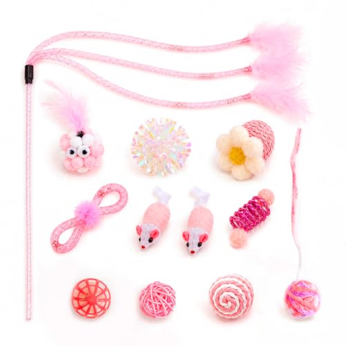 12-Pcs Interactive Cat Toys, Feather Wand, Springs & Catnip Balls | Curated variety pack, diverse mice, crinkle textures, healthy teething chew relief, indoor kitten boredom enrichment