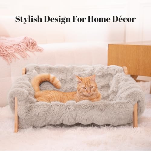 Elevated Cat Couch Bed Wooden Raised Kitty Sofa Lounge Chair | Washable Fluffy Cover Wooden Elevated Pet Furniture for Indoor Cats and Puppy(Gray) - color: Cat Sofa-Khaki(Light Gray)