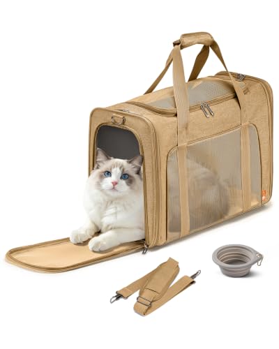 55x40x23 cm Soft-Sided Pet Carrier Bag Large Cat Small Dog Carriers | Up To 26lbs For Medium Cats Dogs Puppies Collapsible Travel Puppy Carrier with Foldable Bowls ,Khaki - color: Khaki