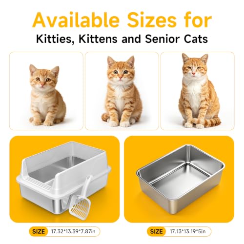 Stainless Steel Cat Litter Box with Scoop,M Metal Pan for Kittens | Metal Litter Box with High Sides & Lid, Open Top Low Entry , Non-Stick Easy Clean ，Kitty Cat Box for Indoor Cats, High Wall