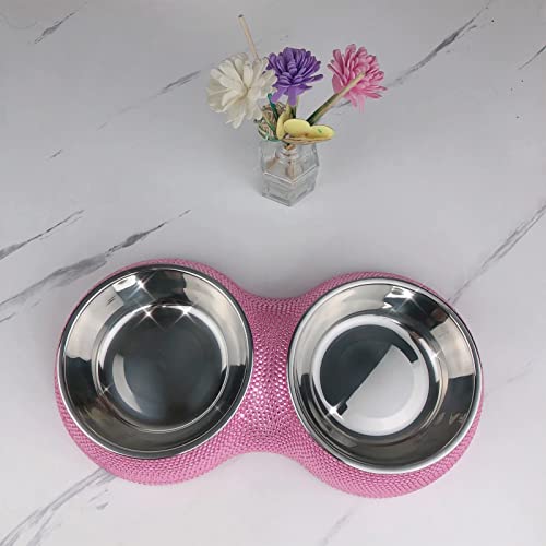 SAVORI Small Cat Bowls Pink, 320ML Handmade Bling Rhinestones Stainless Steel Pet Bowls Removable Double Food Water Feeder for Puppy Cats Dogs - color: 320ml-Pink