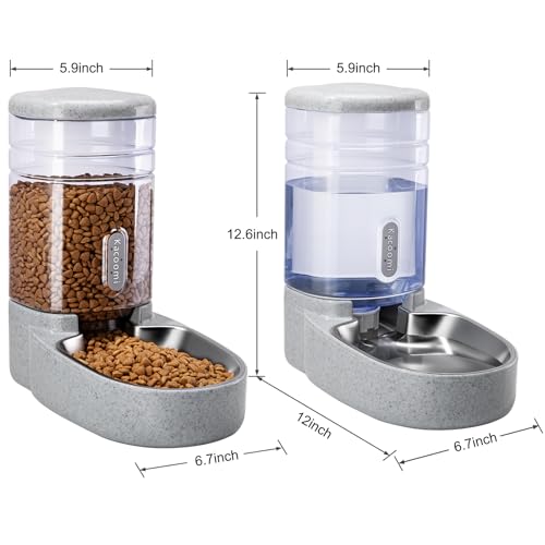 Automatic Cat Feeder and Water Dispenser with Stainless Steel Bowl Gravity Food Feeder and Waterer Set for Small Medium Dog Puppy Kitten 1 Gallon x 2(Grey) - color: Stainless Steel-Grey