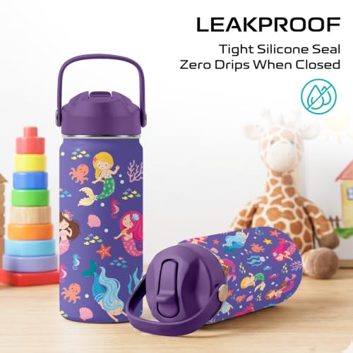 Mermaid 16 oz Water Bottle with Straw – Kid Stainless Steel Vacuum Insulated Cup, Leakproof Straw Lid, Reusable Travel Mug for Outdoor Sports (purple) - color: Mermaid2