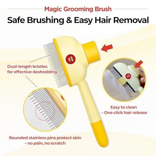 JAYU PET Magic Grooming Brush – Cat Brush for Shedding, Dual-Length Stainless Steel Bristles, One-Click Self-Cleaning, Vertical Deshedding Comb, Professional Pet Grooming Tool