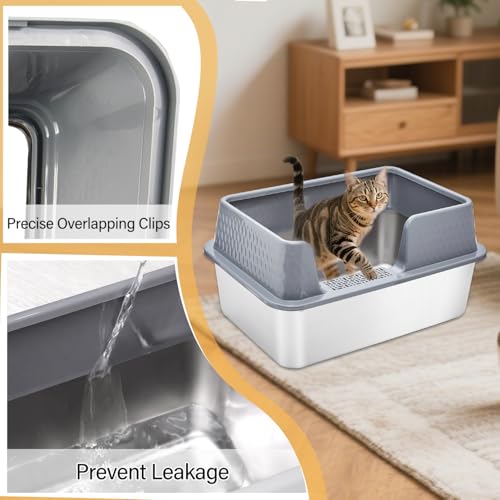 Large Stainless Steel Cat Litter Box with lid Cover Mats Scooper Small High Sided Enclosed Metal Kitty Litter Box for Kittens or Senior Cats with Grey Enclosure - size: Large