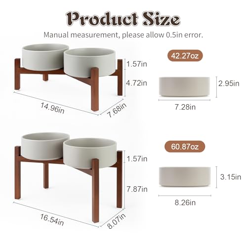 SPUNKYJUNKY Raised Ceramic Dog Bowls Set with Non-Slip Acacia Wood Stand for Large Sized Dog(60.87 OZ, Gray) - color: Gray, size: 60.87 Oz