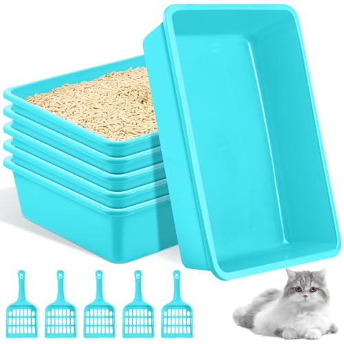 Amyhill 5 Pcs Open Cat Litter Box Kitten Litter Pan with 5 Scooper Medium Plastic Pet Tray Durable Nonstick Kitten Box for Indoor Pets Cats Rabbit Supply Easy to Clean, 14.6x10.6x3.4 Inch (Blue) - color: Blue