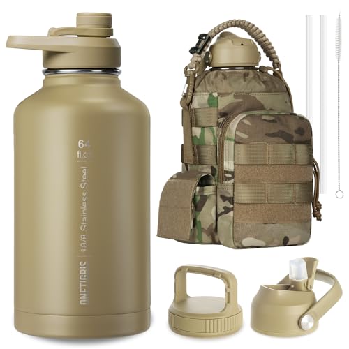 ONETIGRIS 64oz Tactical Insulated Water Bottle with 3 Lids & MOLLE Pouch | Double-Walled Vacuum Cold for 48 Hrs, 304 Stainless Steel, BPA-Free Leakproof Silicone Seal, Wide-Mouth, Paracord Handle - color: Camo