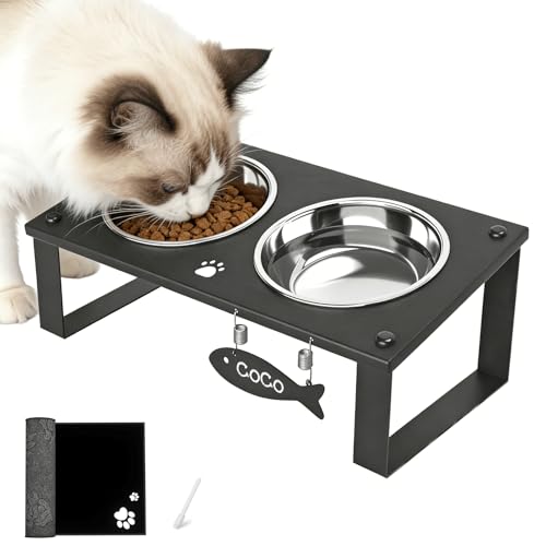 Elevated Cat Bowls with Splash Proof Mat for Kitten Puppy, 10° Tilted Raised Cat Bowl Stand Anti-Vomiting, 2 Wide Shallow Stainless Steel Bowls, Whisker Friendly, 3.5" Tall - color: Black-2bowls