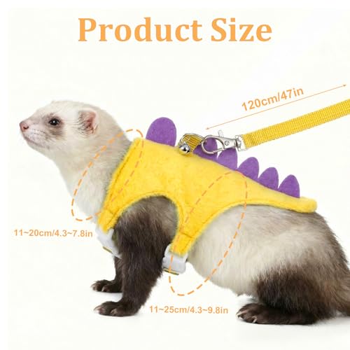 Ferret Harness and Leash Set Dinosaur Shaped Stuffed Animal Harness Adjustable Vest with Safe Bell for Baby Rabbit Guinea Pig Rat Hedgehog and Other Small Animals Yellow