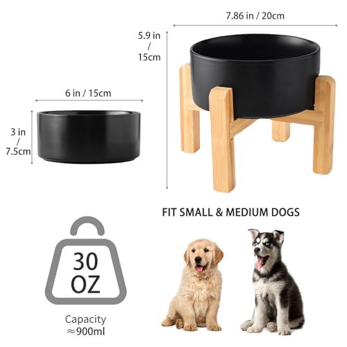 6'' Ceramic Raised Dog Bowl - 30Oz Dog Food & Water Bowl with Elevated Non-Slip Bamboo Stand, Dishwasher & Microwave Safe, Anti Vomiting Heavy Duty Pet Bowl for Small and Medium Dogs, Black - color: 1 x Bowl + Stand - Black, size: 6 inch