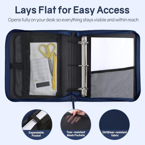 SUNEE Zippered Binder Bag with Handle, 2-Inch 3-Ring O-Ring, 500-Sheet Capacity, Includes Zip Pocket, 5-Tab Expanding File Folder, Multi-Pocket Organizer Binder for Middle School, Navy - color: Navy Blue