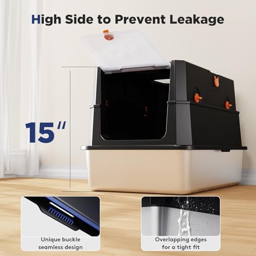 FURTIME Stainless Steel Litter Box with Lid, Enclosed Metal Cat Litter Box | XL Extra Large, Cat Box with High Sided Enclosure & Scoop, Big Cats, Front & Top Entry, Odor Free, Anti-Leakage, Black - color: Black, size: X-large