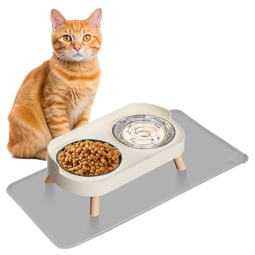 Elevated Cat Bowl with Food Mat, Raised Cat Food and Water Bowl Set for Indoor Cats, Splash Proof with 2 Stainless Steel Pet Food Bowls for Cats and Puppies,Whisker Fatigue and Dishwasher Safe (White) - color: Cat Bowls with mat - white