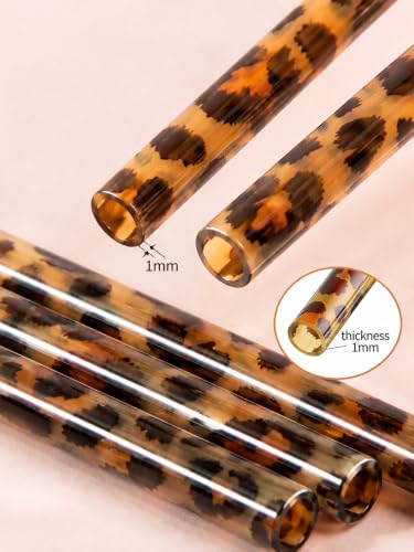 10 Pcs Reusable Brown Leopard Straws Long Straws with Cleaning Brushes - color: Brown