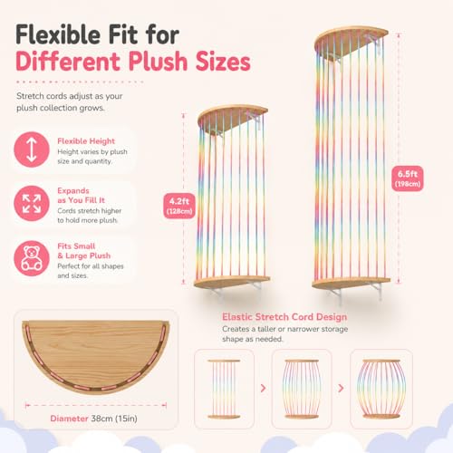 Stuffed Animal Storage Hammock Wooden Half Circle Design Wall Hanging Plush Toy Organizer for Kids Room Decor, Plush Net Hammock Playroom Nursery Stuffed Animal Corner Net Shelf - style: Rainbow semicircle