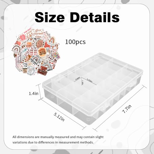 OALCQ Plastic Organizer Box with Dividers, 100 PCS Boho Stickers Inspirational Quote, 24 Grid Storage Container for Beads & Craft, Clear Tackle Case for Screws Jewelry Accessories - style: Bohemian