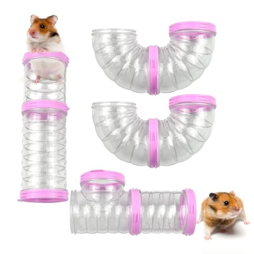 Dwarf Hamster Tubes and Tunnels Set,Mouse DIY Toy Transparent Tube Pet Cage Connection Tunnel Kit Syrian Hamster External Accessories Adventure Pipe for Mice Rat(Pink) - color: 【Pink】