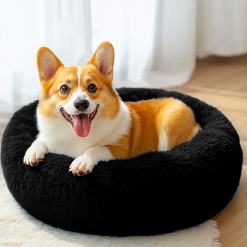 28in Large Dog Bed, Medium Size Dog and Cats, Calming Donut Bed for Puppy and Kitten, Washable Round Fluffy Pet Bed (Black) - color: Black, size: 28.0"L x 28.0"W x 8.0"Th