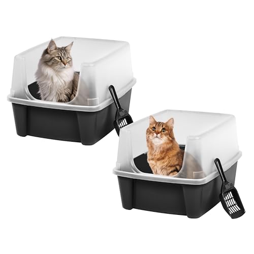 IRIS USA Large High Sided Cat Litter Box, Scatter Shield, Black | Active Cats, Tall Wall Protection, Kick-Proof Sides, Extra Deep Pan, Easy Daily Scoop, Keeps Floor Clean - color: Black, size: Open Top - 2 Pack