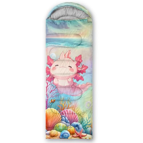 QOOMO Camping Sleeping Bags,3 Season Warm & Cool Weather,Lightweight,Waterproof Sleeping Bags for Adults & Kids,Traveling,and Outdoors,Camping Gear Equipment - color: cartoon axolotl